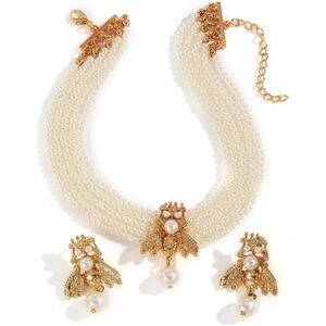 Vintage Pearl Gold Bee Multilayer Choker Necklace&Earnings Set